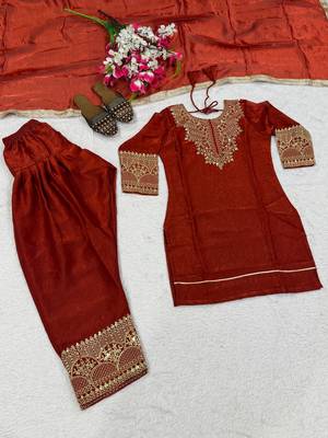 Rust orange embroidered kurta farshi salwar with dupatta 3