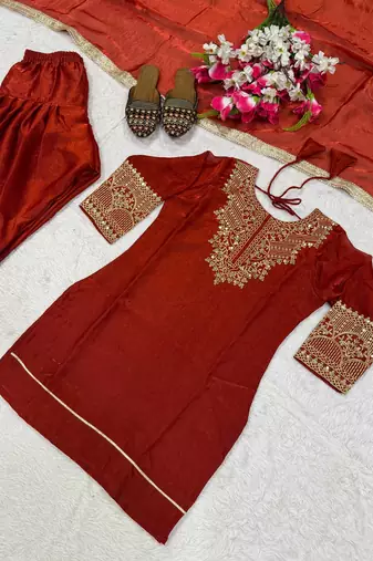 Rust orange embroidered kurta farshi salwar with dupatta