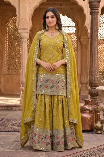 Olive green embroidery work kurta sharara set with dupatta