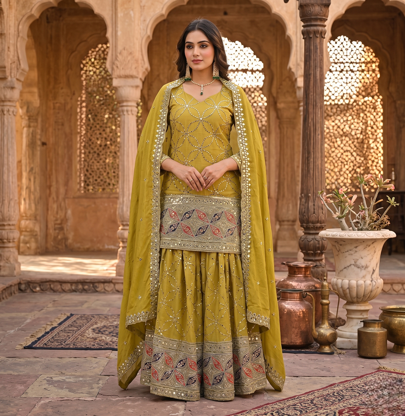 Olive green embroidery work kurta sharara set with dupatta