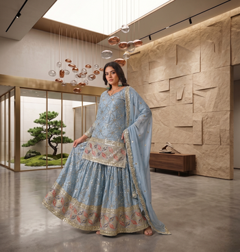 Sky blue embroidery work kurta sharara set with dupatta 2