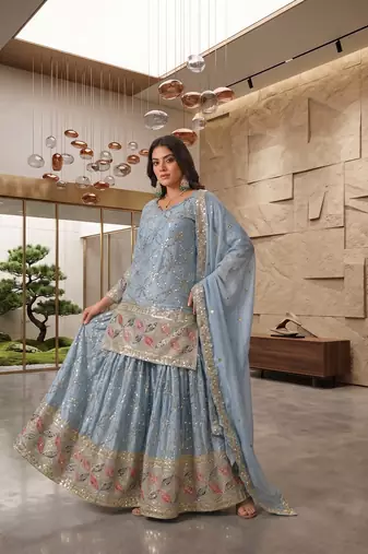Sky blue embroidery work kurta sharara set with dupatta