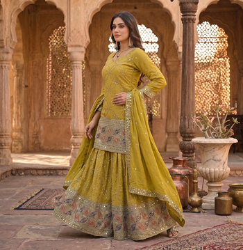 Olive green embroidery work kurta sharara set with dupatta 2