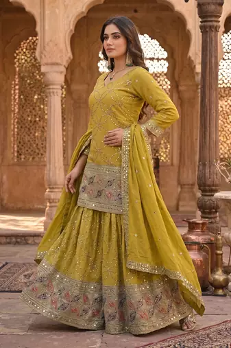 Olive green embroidery work kurta sharara set with dupatta