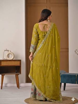 Olive green embroidery work kurta sharara set with dupatta 3