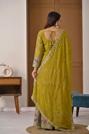 Olive green embroidery work kurta sharara set with dupatta