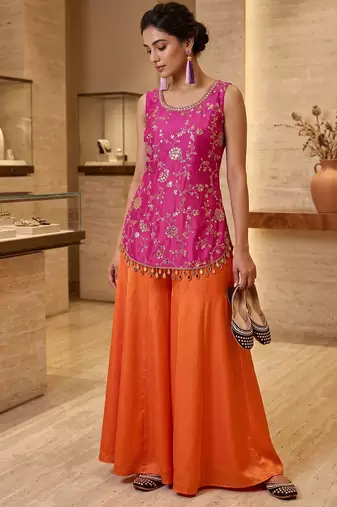 Women's ethnic embroidered sleeveless top sharara set