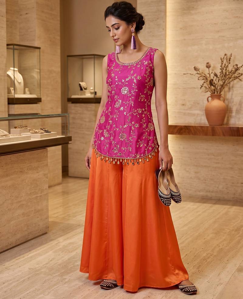 Women's ethnic embroidered sleeveless top sharara set
