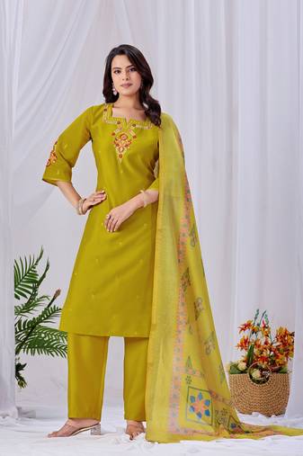 Lime green embroidered roman fabric kurta pant dupatta set