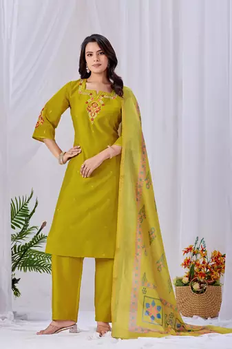 Lime green embroidered roman fabric kurta pant dupatta set