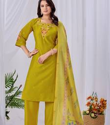 Lime green embroidered roman fabric kurta pant dupatta set
