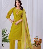 Lime green embroidered roman fabric kurta pant dupatta set