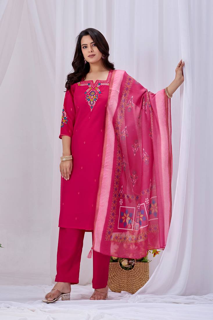 Rani pink embroidered roman fabric kurta pant dupatta set