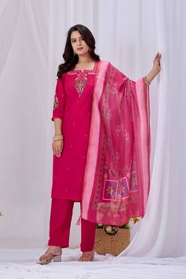 Rani pink embroidered roman fabric kurta pant dupatta set 1