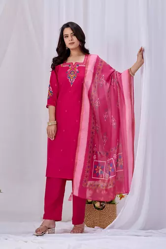 Rani pink embroidered roman fabric kurta pant dupatta set