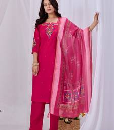 Rani pink embroidered roman fabric kurta pant dupatta set