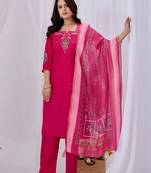 Rani pink embroidered roman fabric kurta pant dupatta set