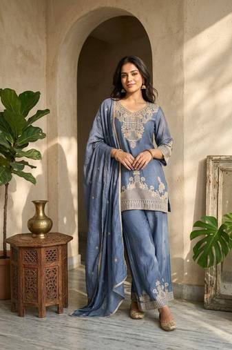 Blue silk embroidered kurta with palazzo and dupatta set