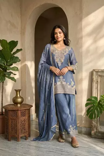 Blue silk embroidered kurta with palazzo and dupatta set