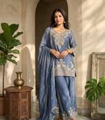 Blue silk embroidered kurta with palazzo and dupatta set