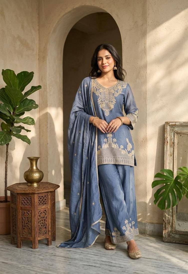 Blue silk embroidered kurta with palazzo and dupatta set