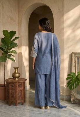 Blue silk embroidered kurta with palazzo and dupatta set 2