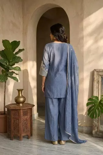 Blue silk embroidered kurta with palazzo and dupatta set