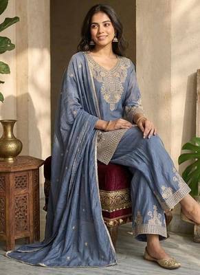 Blue silk embroidered kurta with palazzo and dupatta set 3