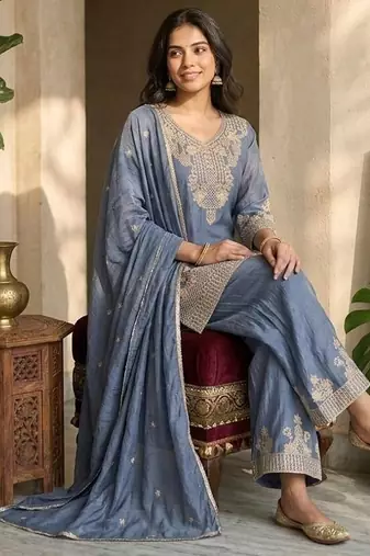 Blue silk embroidered kurta with palazzo and dupatta set