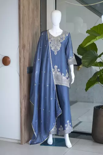 Blue silk embroidered kurta with palazzo and dupatta set