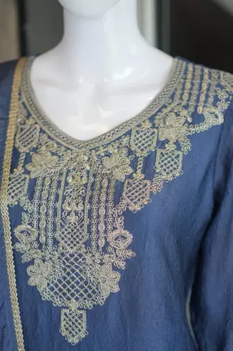 Blue silk embroidered kurta with palazzo and dupatta set