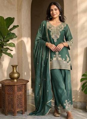 Bottlegreen silk embroidered kurta with palazzo and dupatta set 1