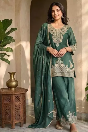 Bottlegreen silk embroidered kurta with palazzo and dupatta set
