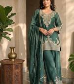 Bottlegreen silk embroidered kurta with palazzo and dupatta set