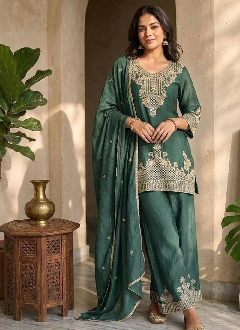 Bottlegreen silk embroidered kurta with palazzo and dupatta set