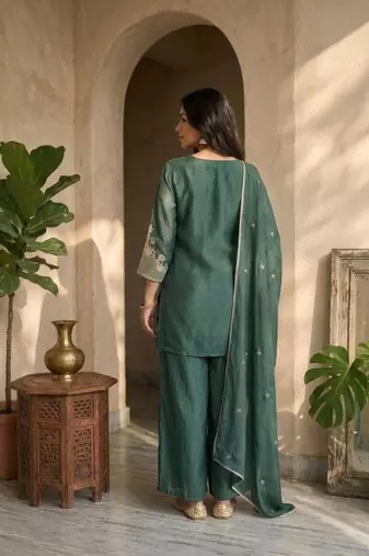 Bottlegreen silk embroidered kurta with palazzo and dupatta set