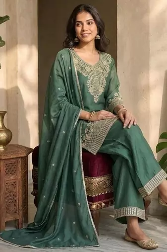 Bottlegreen silk embroidered kurta with palazzo and dupatta set