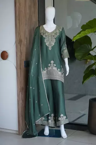 Bottlegreen silk embroidered kurta with palazzo and dupatta set