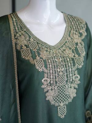 Bottlegreen silk embroidered kurta with palazzo and dupatta set 5