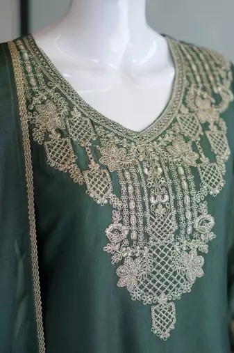 Bottlegreen silk embroidered kurta with palazzo and dupatta set