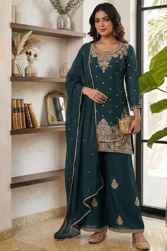 Teal silk embroidered kurta with palazzo and dupatta set