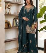 Teal silk embroidered kurta with palazzo and dupatta set