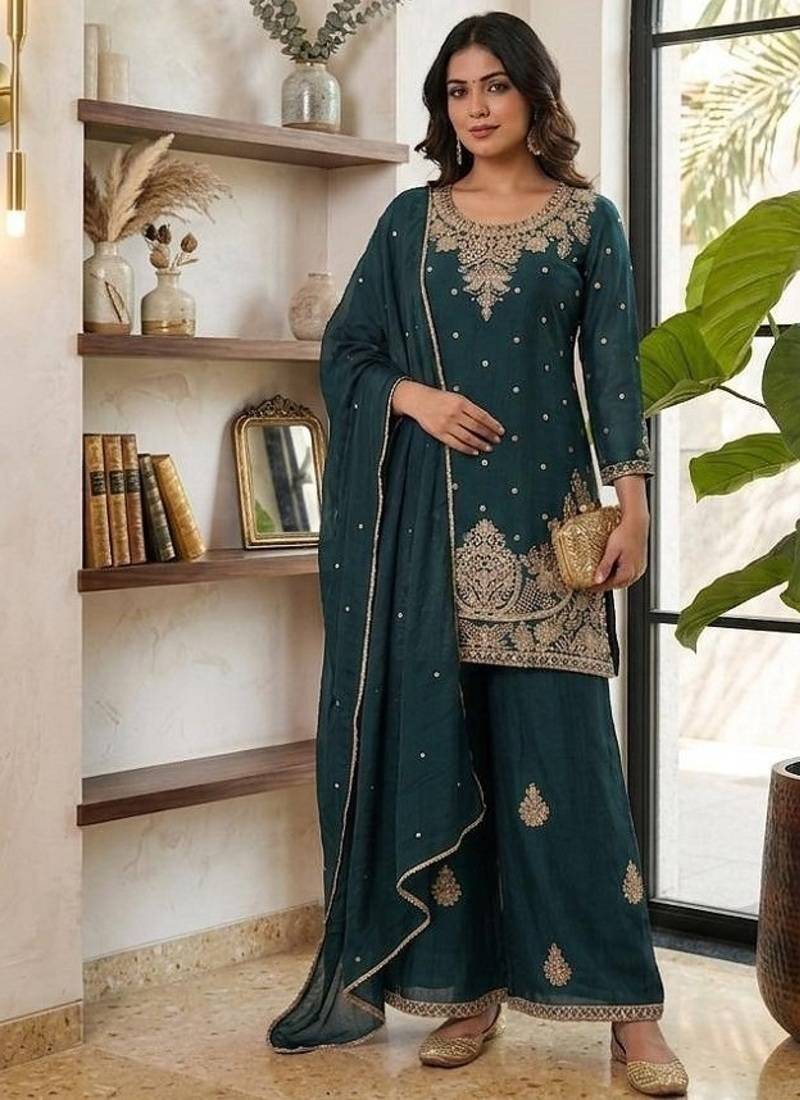 Teal silk embroidered kurta with palazzo and dupatta set