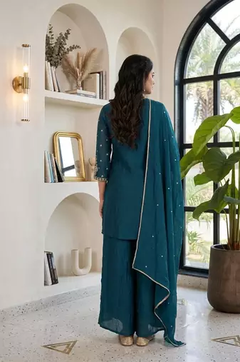 Teal silk embroidered kurta with palazzo and dupatta set