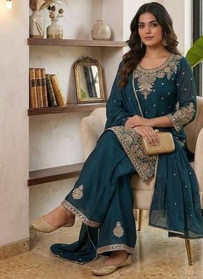Teal silk embroidered kurta with palazzo and dupatta set 3