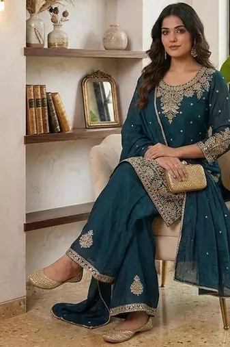 Teal silk embroidered kurta with palazzo and dupatta set