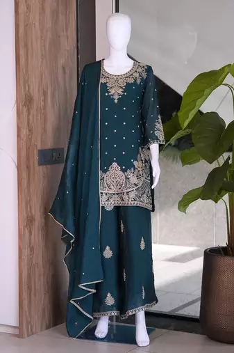 Teal silk embroidered kurta with palazzo and dupatta set