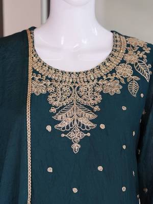 Teal silk embroidered kurta with palazzo and dupatta set 5