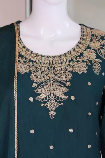 Teal silk embroidered kurta with palazzo and dupatta set