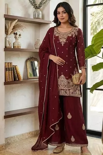 Maroon silk embroidered kurta with palazzo and dupatta set